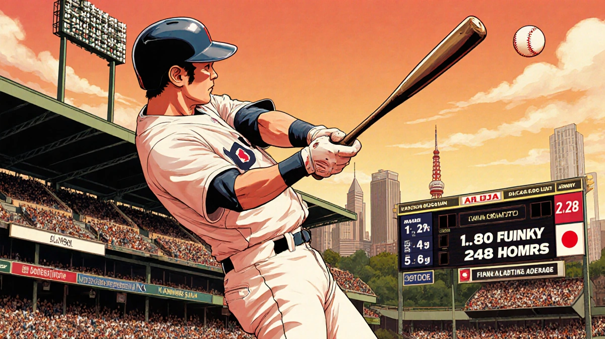 Kazuma Okamoto swinging bat with a soaring home run ball and scoreboard showing stats near a Japanese flag.