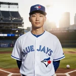Kazuma Okamoto stands at home plate wearing Blue Jays jersey with sunlight through stadium and scattered baseballs