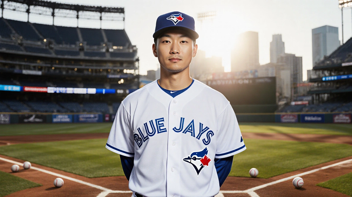 Kazuma Okamoto stands at home plate wearing Blue Jays jersey with sunlight through stadium and scattered baseballs