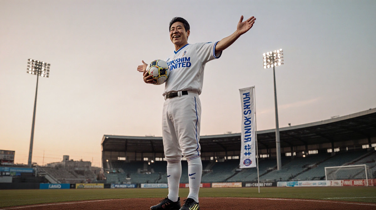 Kazuyoshi Miura signing a contract for Fukushima United with a ball in hand and a banner reading Miura
