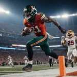 Keionte Scott sprinting toward end zone with ball for touchdown and stadium lights glowing Miami red and orange