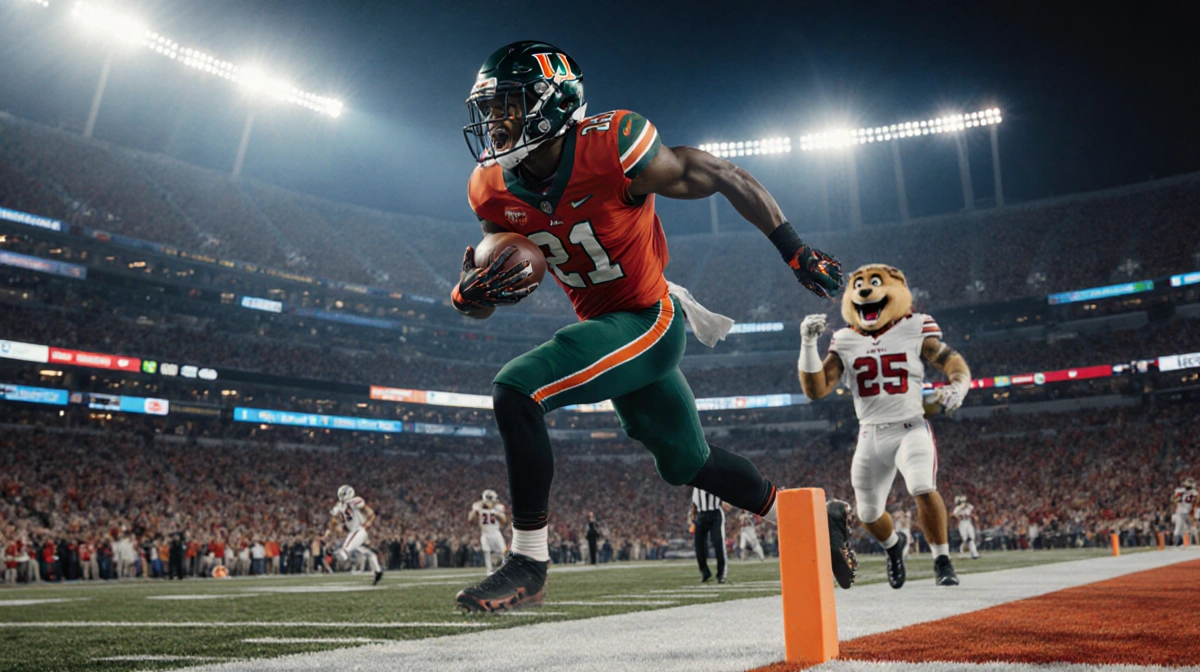 Keionte Scott sprinting toward end zone with ball for touchdown and stadium lights glowing Miami red and orange