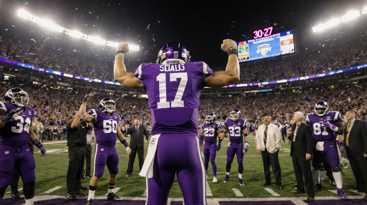Ken Seals raises arms in victory on the field with scoreboard showing 30-27 overtime win and cheering teammates