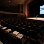 Spotlight shines on empty concert hall stage with microphone and news headline