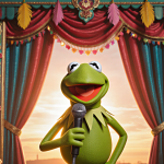 Kermit the Frog standing confidently holding a microphone with a colorful Muppet stage curtain and warm sunset glow