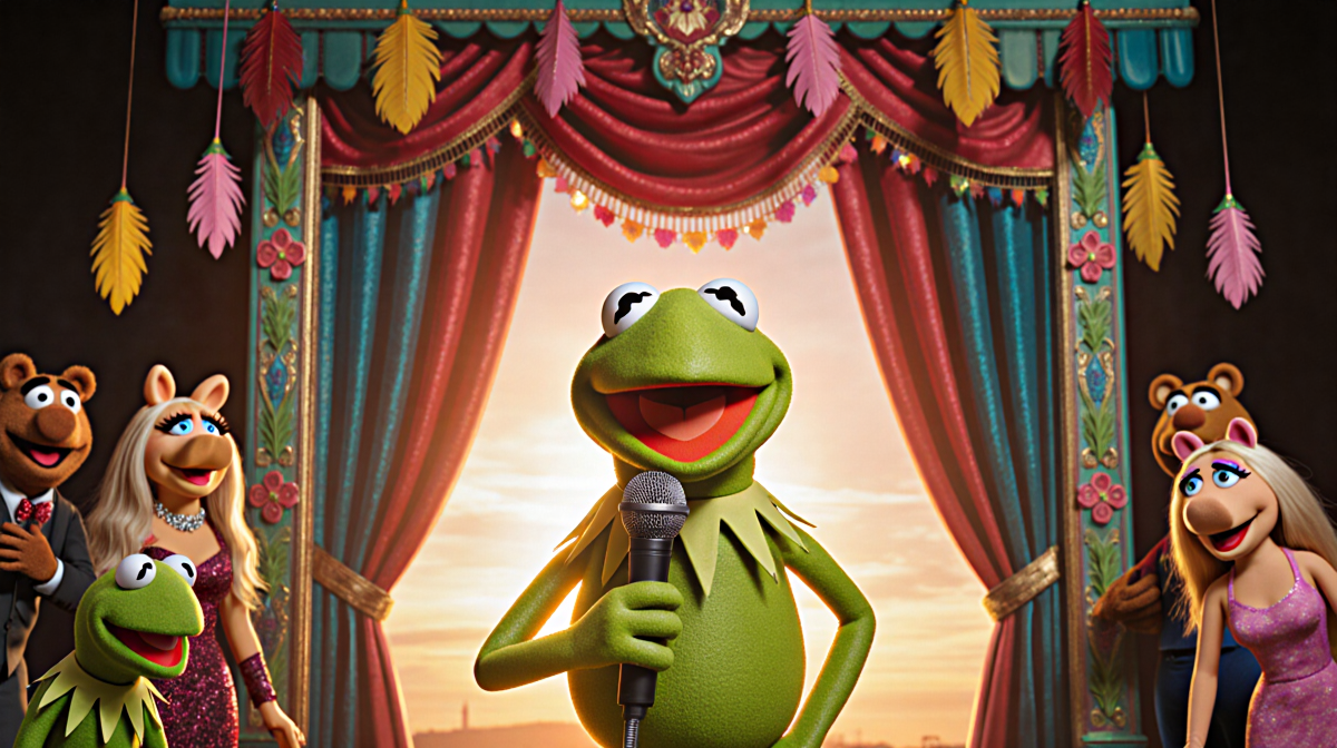 Kermit the Frog standing confidently holding a microphone with a colorful Muppet stage curtain and warm sunset glow