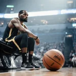 Kevin Durant sits alone on court with basketball shoe propped and Nets logo looming behind him and eyes frustrated