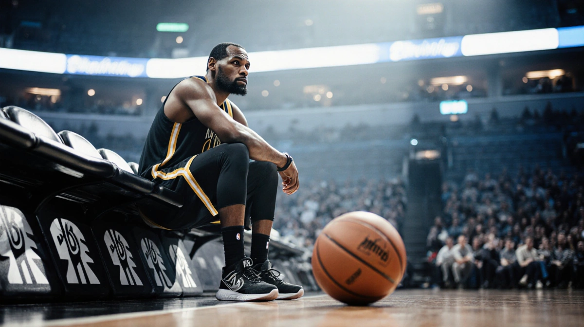 Kevin Durant sits alone on court with basketball shoe propped and Nets logo looming behind him and eyes frustrated