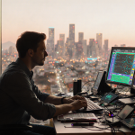 Kevin Roose sits at a cluttered desk with multiple AI screens neon glow and blurred Silicon Valley skyline in the background