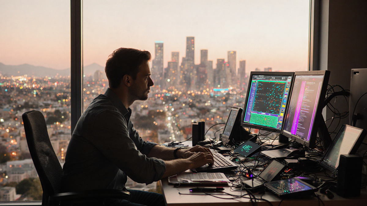 Kevin Roose sits at a cluttered desk with multiple AI screens neon glow and blurred Silicon Valley skyline in the background