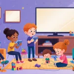 Children playing video games and watching TV in living room with glowing screens and scattered toys