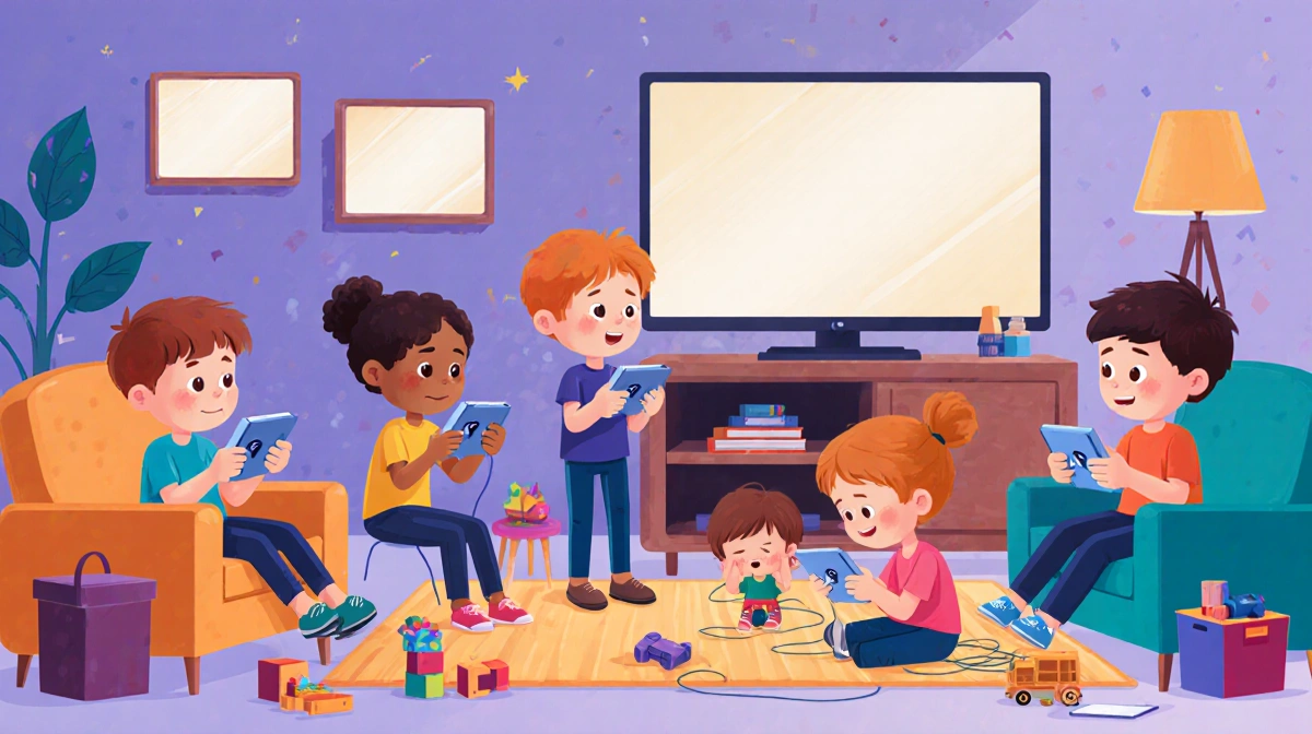 Children playing video games and watching TV in living room with glowing screens and scattered toys