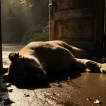 Kiko lies at the zoo entrance door with golden light casting long shadows and wet pavement reflecting sorrow