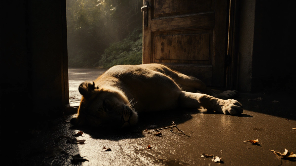Kiko lies at the zoo entrance door with golden light casting long shadows and wet pavement reflecting sorrow