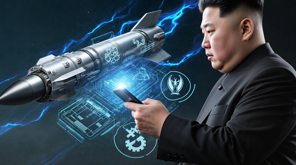 Kim Jong Un's hands holding a tablet with a futuristic interface and a missile system glowing in the background
