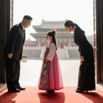 Kim Ju Ae standing before Kumsusan Palace with her parents bowing behind her in traditional hanbok and warm light.