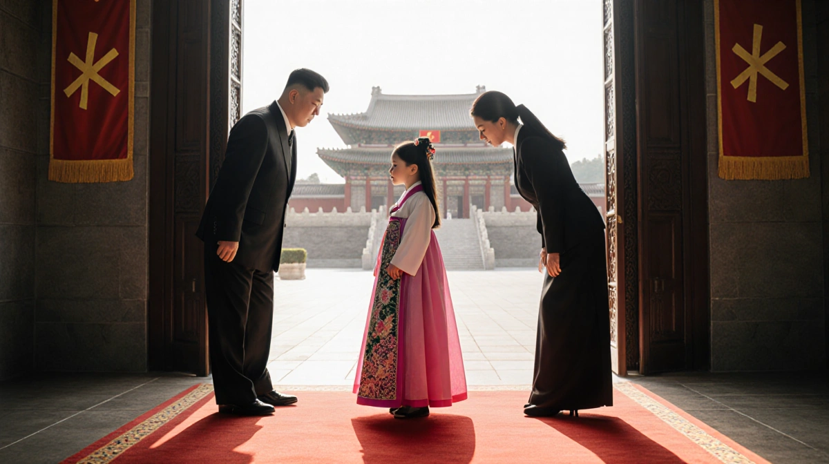 Kim Ju Ae standing before Kumsusan Palace with her parents bowing behind her in traditional hanbok and warm light.