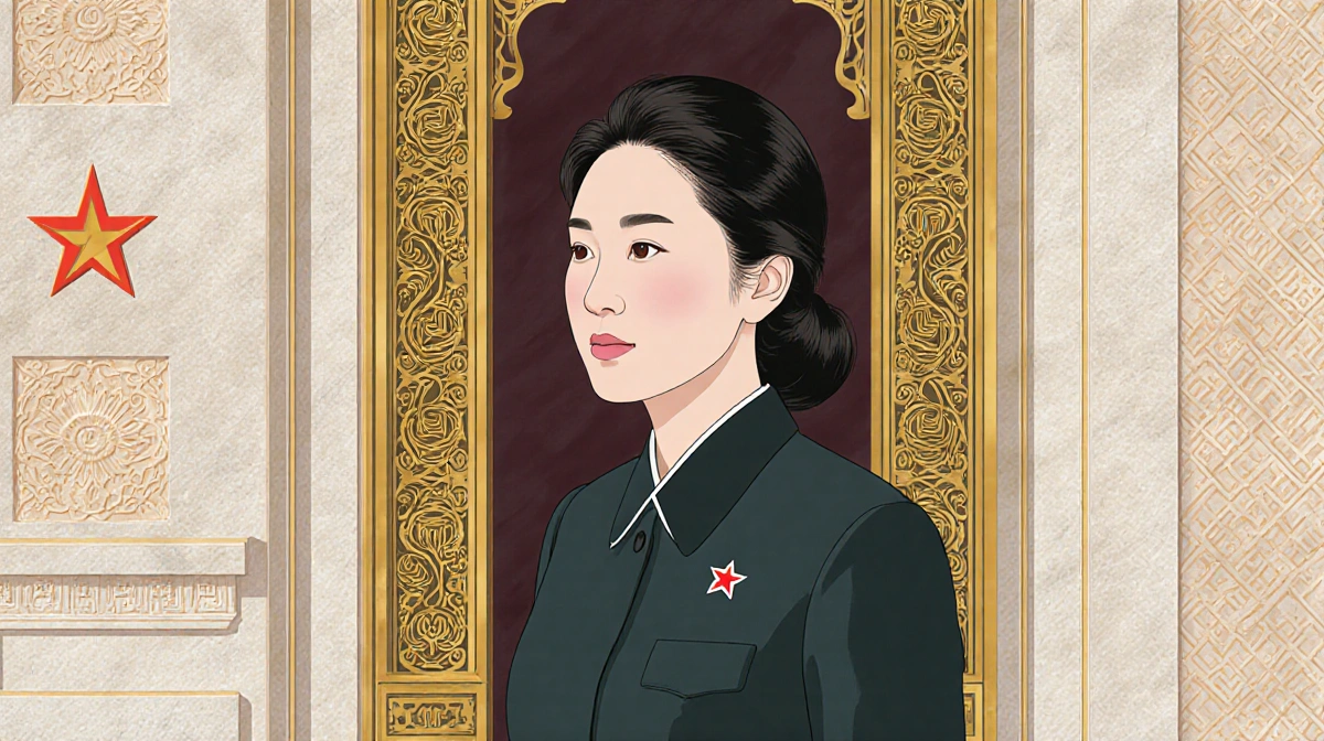 Kim Ju Ae standing before North Korean mausoleum entrance with gold filigree and hanji background and subtle party insignia