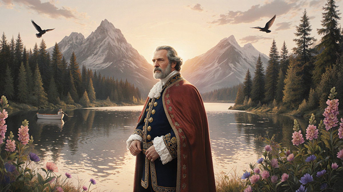 King Charles III standing with sunset forest backdrop and calm lake ripples showing harmony.
