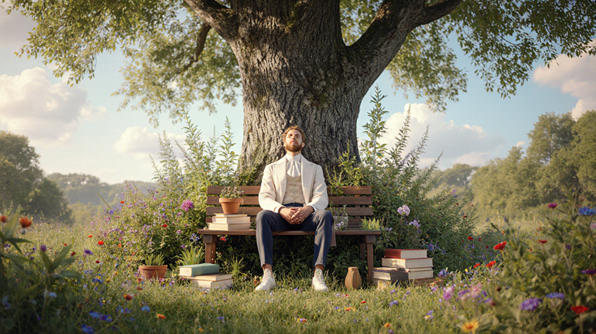 King Charles III sits on a wooden bench looking up at the sky with books and plants and sustainable artifacts around him