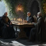 Three noble lords sit around a candle-lit table with lush greenery and stone walls bearing Targaryen sigils.