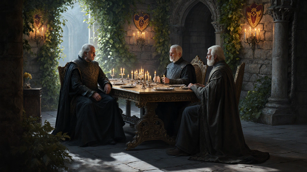 Three noble lords sit around a candle-lit table with lush greenery and stone walls bearing Targaryen sigils.
