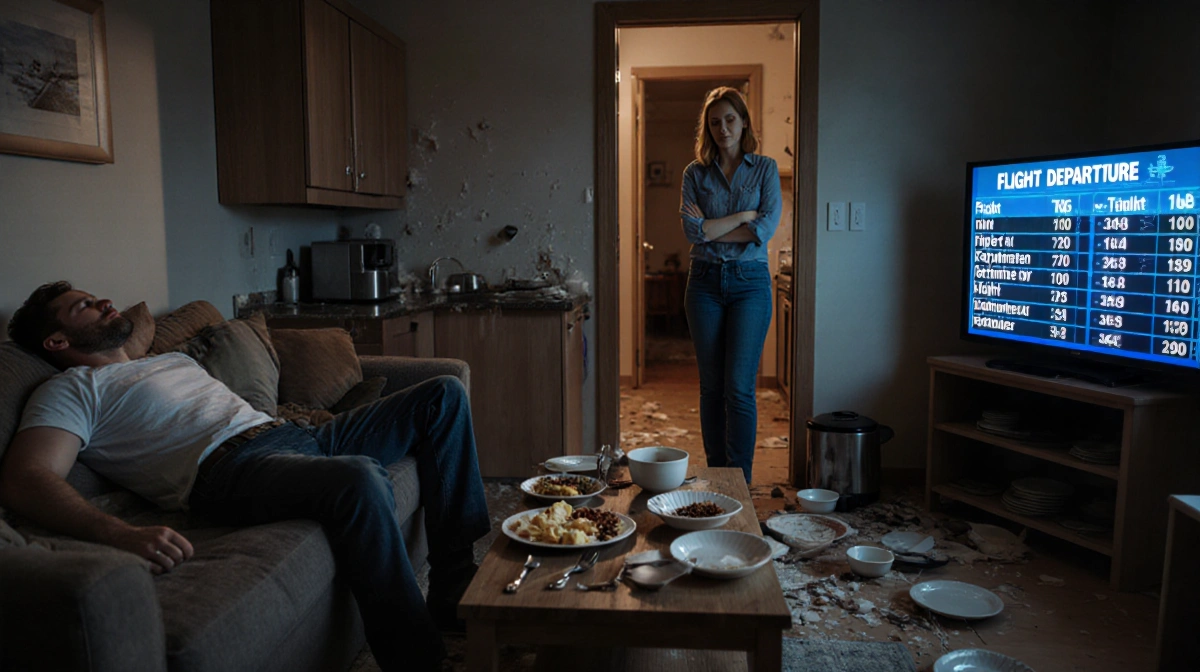 Frustrated wife stands with crossed arms watching her sleeping husband on the couch with messy kitchen and flight departure b