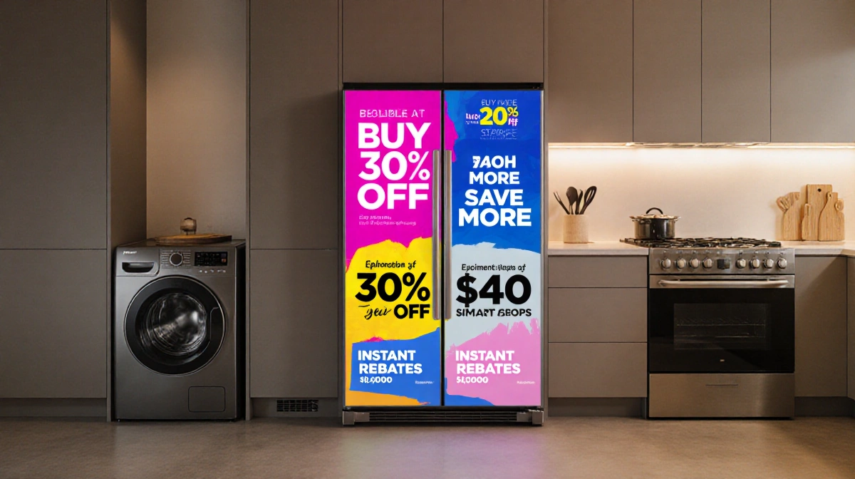 Smart refrigerator in spacious kitchen displaying colorful sales promotion with bold discount text and warm lighting