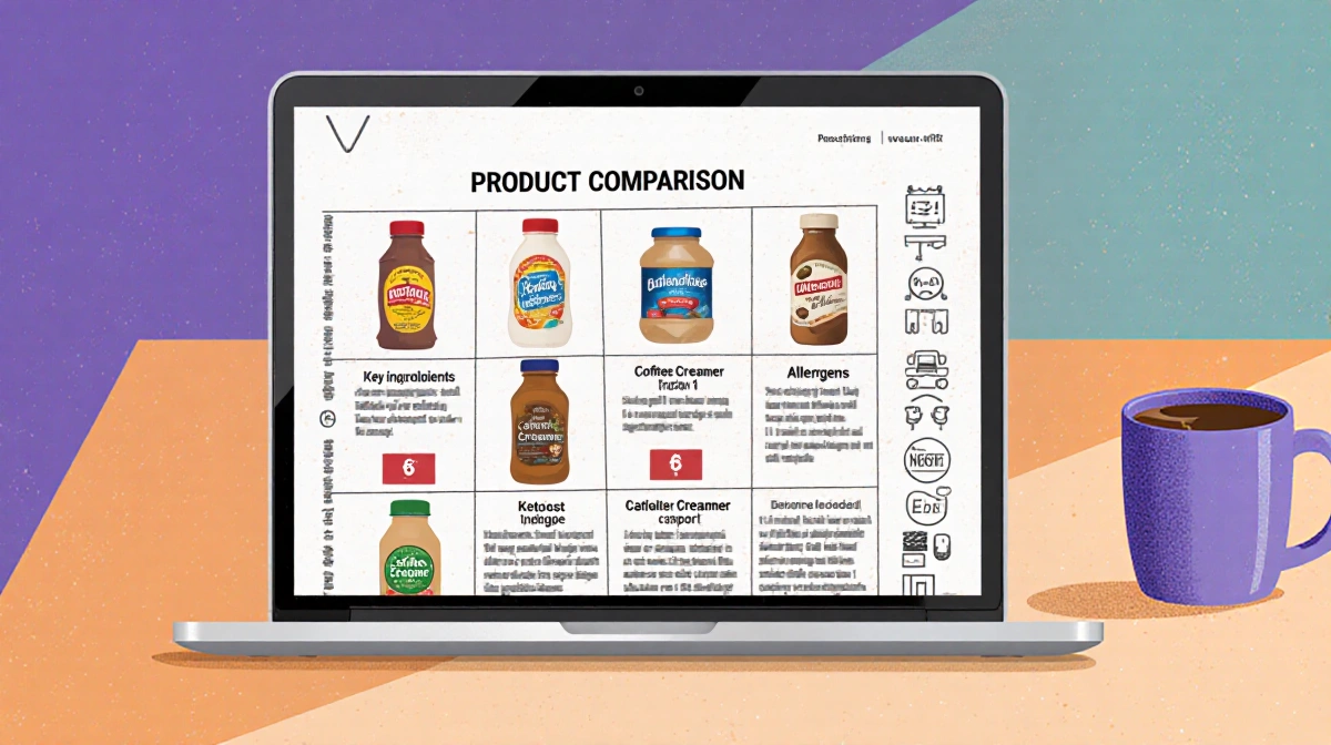 Laptop open to product comparison with coffee creamer bottles arranged in a grid on kitchen table and warm morning lighting.