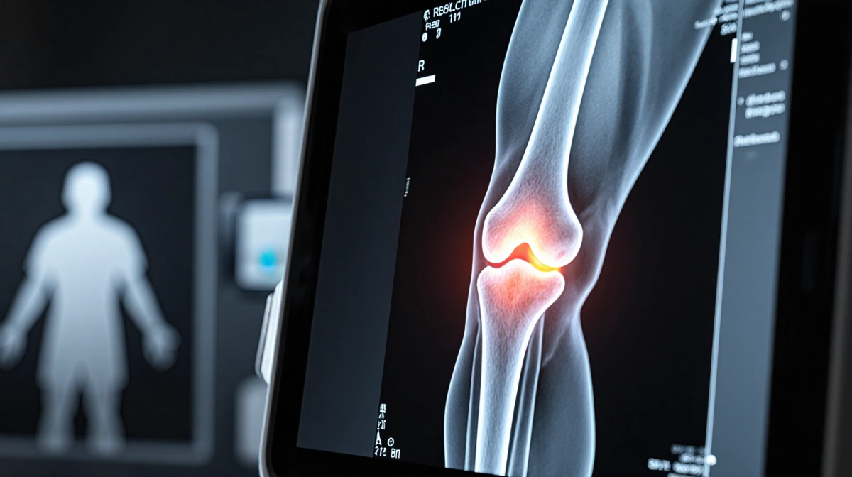 MRI scanner screen showing knee lesion with red highlight and subtle football silhouette in background