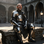 Knight laughing on stone bench with dim lantern light in a rustic castle courtyard.