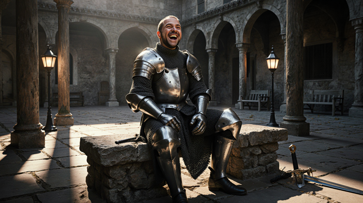 Knight laughing on stone bench with dim lantern light in a rustic castle courtyard.