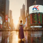 Young woman in hanbok walking holding smartphone with stock ticker beside neon skyscrapers on wet streets under golden dawn.