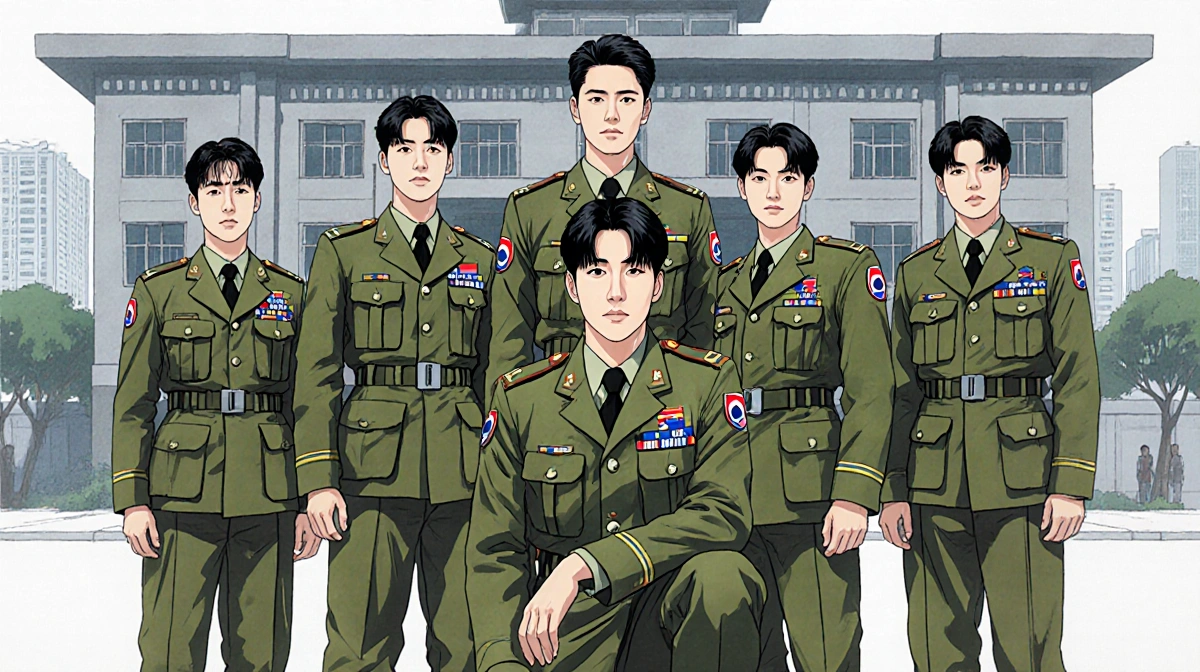 Six soldiers stand in front of a Korean army barracks with Suga kneeling wearing a badge and RM centered against a modern Seo