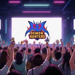 Young fans cheer around giant Demon Hunters screen with neon lights and K-Pop merchandise
