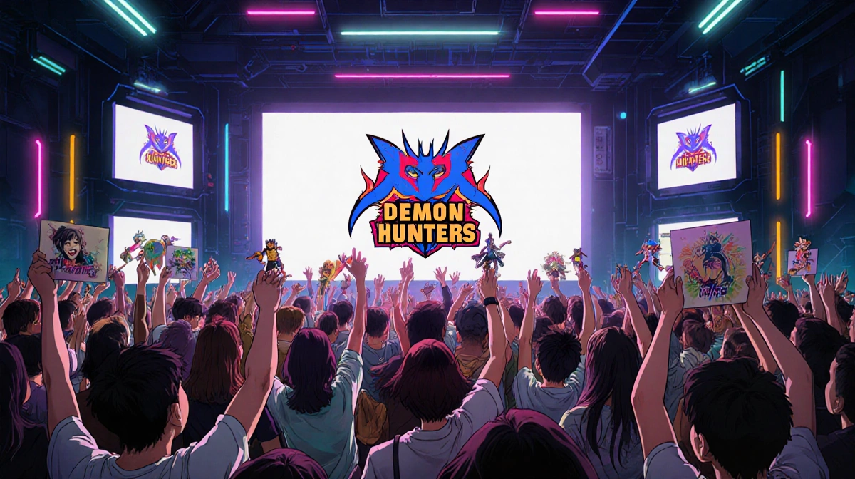 Young fans cheer around giant Demon Hunters screen with neon lights and K-Pop merchandise