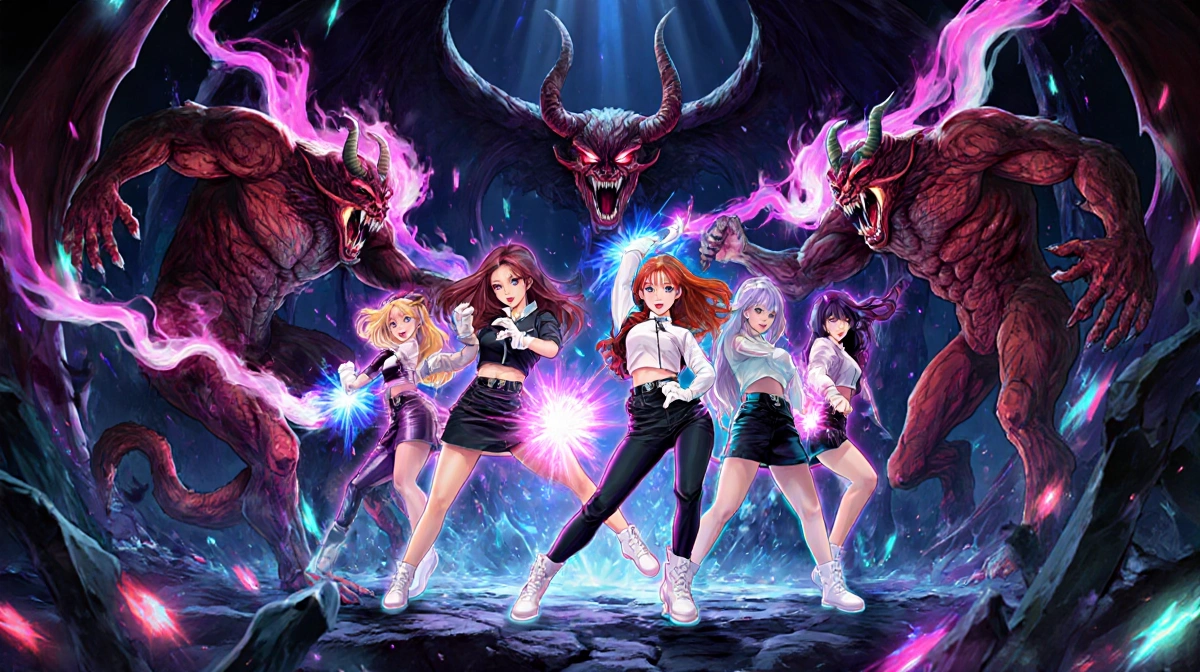 K-pop idols dancing with glowing auras while fighting demons in mystical realm