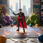 Hero action figure preparing for battle on open playmat with epic monster scene and neon-lit posters