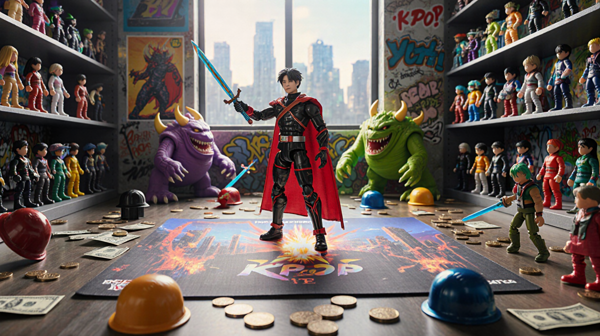 Hero action figure preparing for battle on open playmat with epic monster scene and neon-lit posters