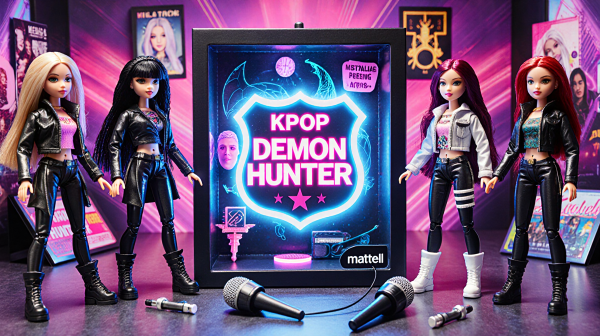 Three KPop Demon Hunter dolls pose around a glowing badge with neon accents and a display case in a colorful playset