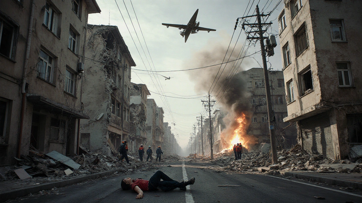 Injured person lying on sidewalk with rescue workers and burning debris and smoke from damaged Kyiv buildings