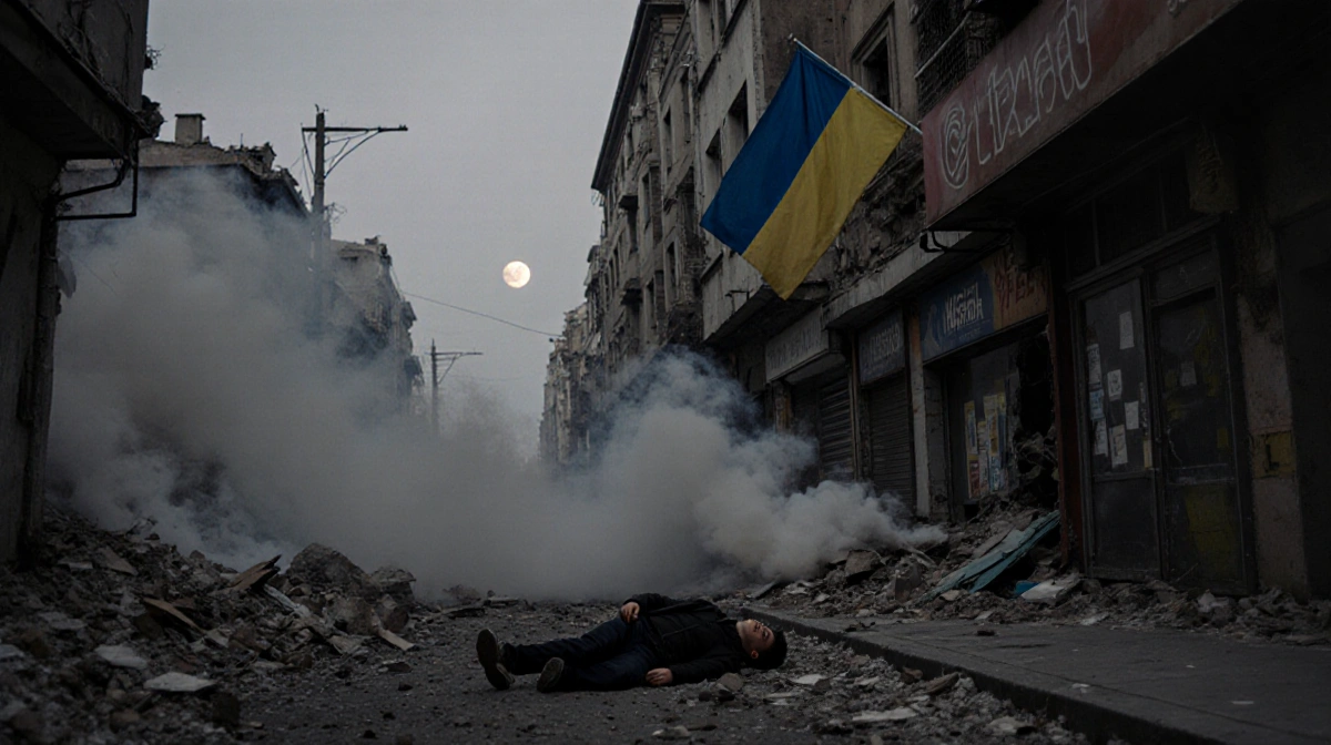 Person lies on the sidewalk with smoke and rubble scattered around and a Ukrainian flag waving above a shattered storefront