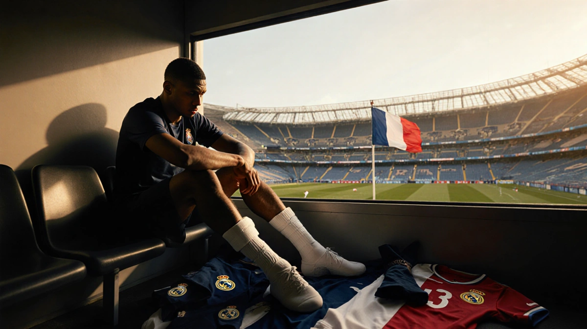 Mbappé sits on bench with knee wrapped and ice pack at Santiago Bernabéu empty dim seats and French flag waving