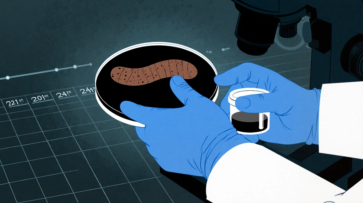 Doctor holding sterile container to collect stool sample with microscope slide showing E coli streaks and grid timeline