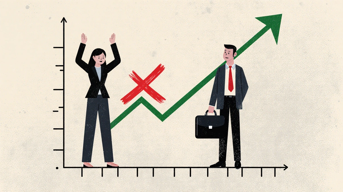 Labor market graph showing upward trend line with red X indicating job losses with two figures one frustrated and one holding