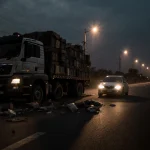 Speeding vehicle hurtling toward mangled truck with ominous shadow and scattered cargo in Lagos sunset accident