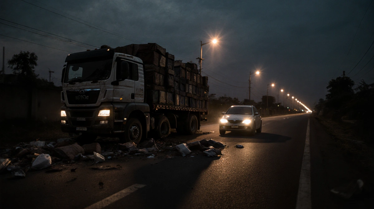 Speeding vehicle hurtling toward mangled truck with ominous shadow and scattered cargo in Lagos sunset accident