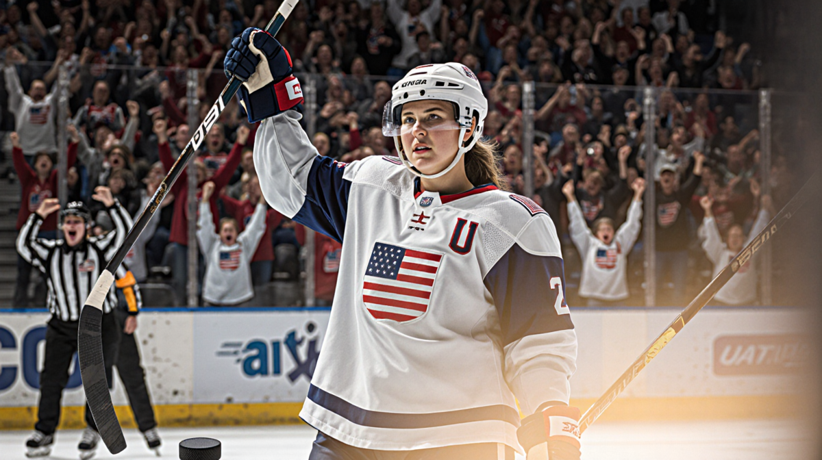 Laila Edwards holding hockey stick high in victory with U.S. women