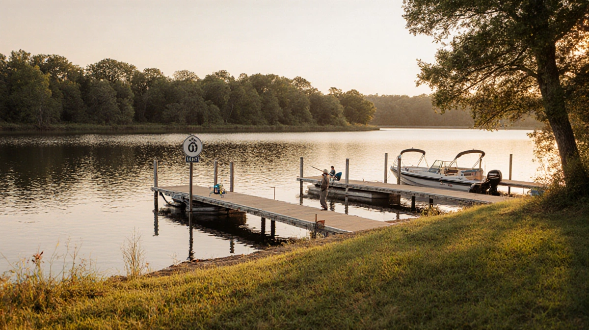 Boats dock at public ramps with clear signage and fishermen near the lake