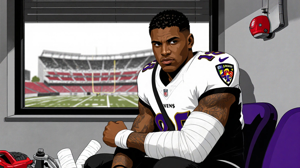 Lamar Jackson Ravens quarterback sits on sidelines with arm sling and bandages showing confidence near blurred Heinz Field.